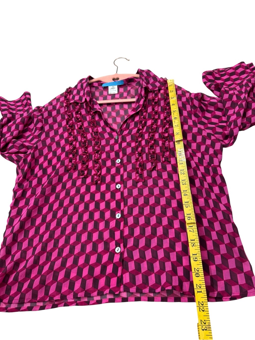 Johnny Was Pink Geometric Ruffle Button-Front Blouse - Picture 4 of 8